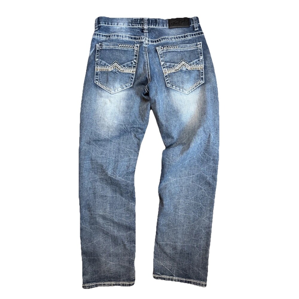 True Luck Men's Straight Denim Blue Jeans Size 30x30 Grunge Embroidered Distress